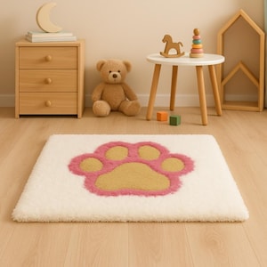 3x3,Custom Paw Print Rug – Handmade Tufted Pet Rug – Pink & White Fluffy Carpet – Kawaii Animal Decor – Cute Puppy Mat – Soft Pet Lover Gift