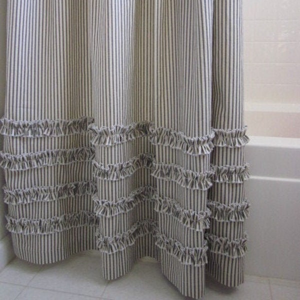 Vintage Ticking Stripe Shower Curtain with Ruffles - 5 Colors 72x72, standard, extra long or stall size black, grey, brown, red, navy blue
