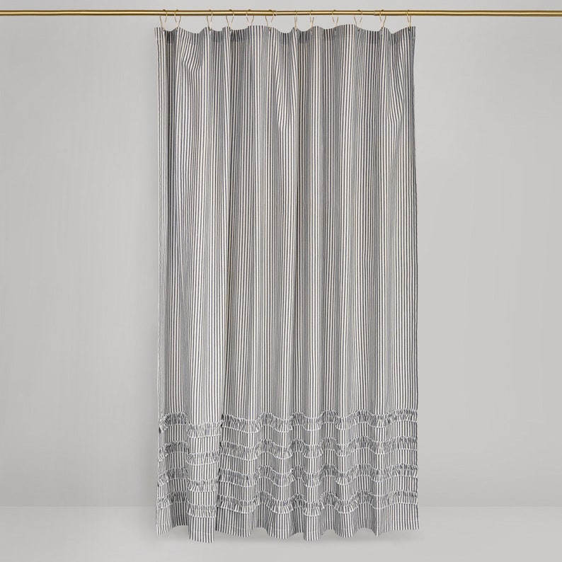 Ruffled Ticking Stripe Shower Curtain 72x72 and extra long 72x84 72 x 96 black, brown, gray, red, navy image 2