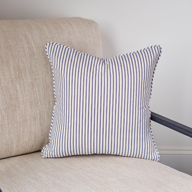 Navy Blue Ticking Stripe Throw Pillow Cover 18x18 image 1