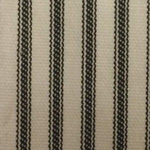 May include: White fabric with black vertical stripes. The stripes are a repeating pattern of a wavy line.