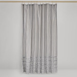 Vintage Ticking Stripe Shower Curtain with Ruffles 3 Sizes Black Gray Navy Brown Red image 2