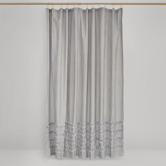 Vintage Ticking Stripe Shower Curtain, Ticking Stripe Ruffled Shower Curtain
