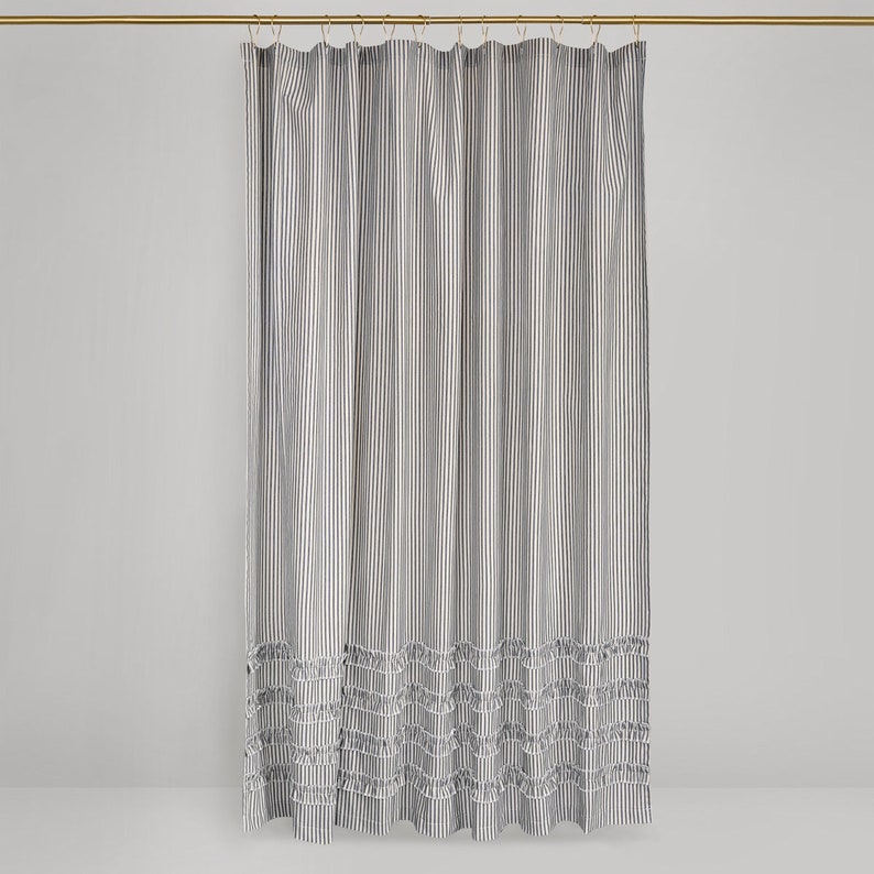 Vintage Ticking Stripe Shower Curtain with Ruffles 3 Sizes Black Gray Navy Brown Red image 2