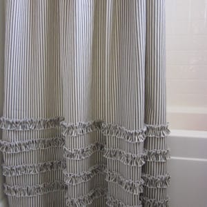 Vintage Ticking Stripe Shower Curtain with Ruffles 3 Sizes Black Gray Navy Brown Red image 1