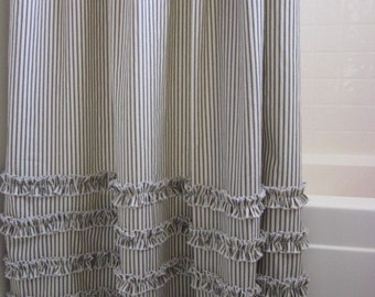 Vintage Ticking Stripe Shower Curtain with Ruffles | 3 Sizes | Black Gray Navy Brown Red