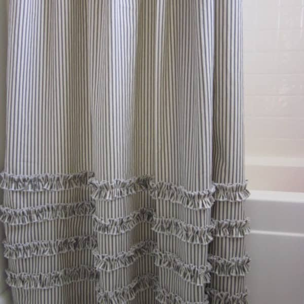 Vintage Ticking Stripe Shower Curtain with Ruffles | 3 Sizes | Black Gray Navy Brown Red