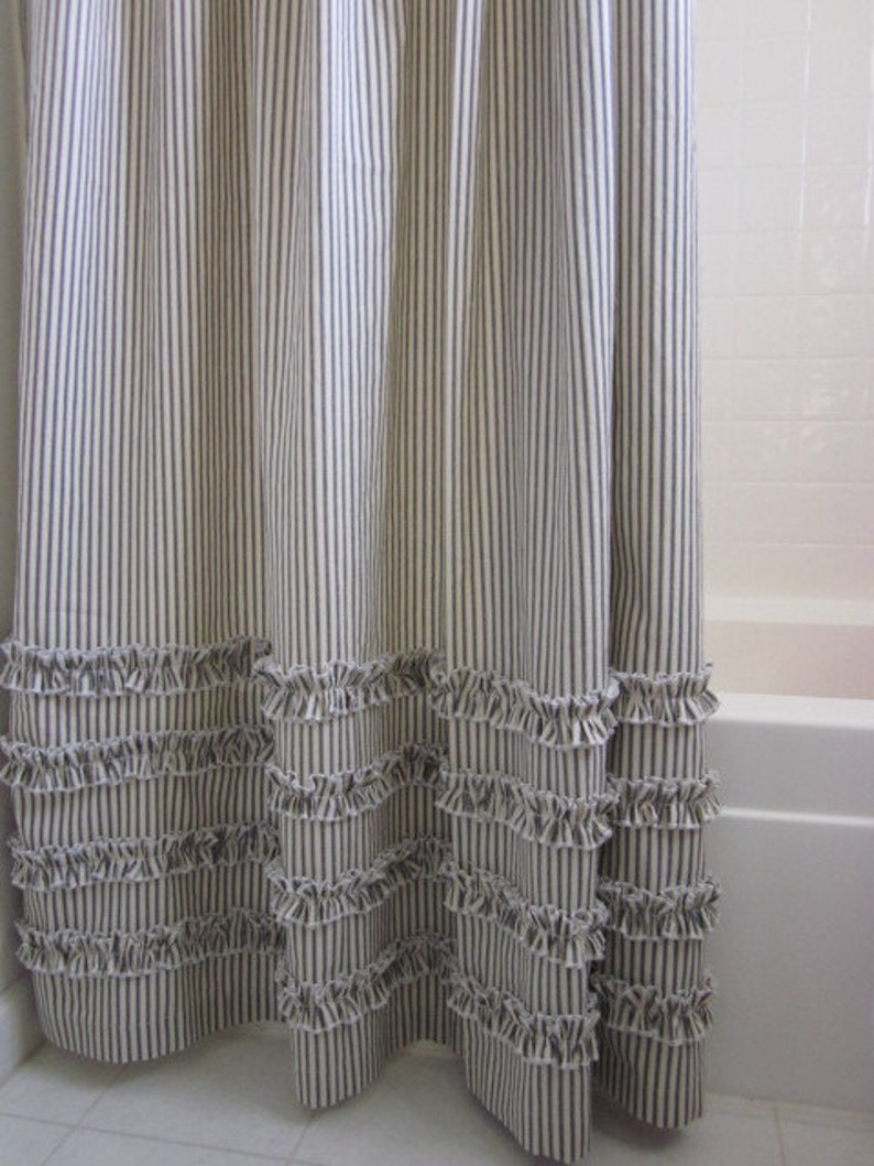 Ruffled Ticking Stripe Shower Curtain 72x72 and extra long 72x84 72 x 96 black, brown, gray, red, navy image 1