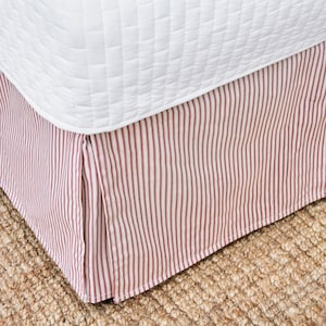 Red and White Ticking Stripe Bedskirt - Split Corners