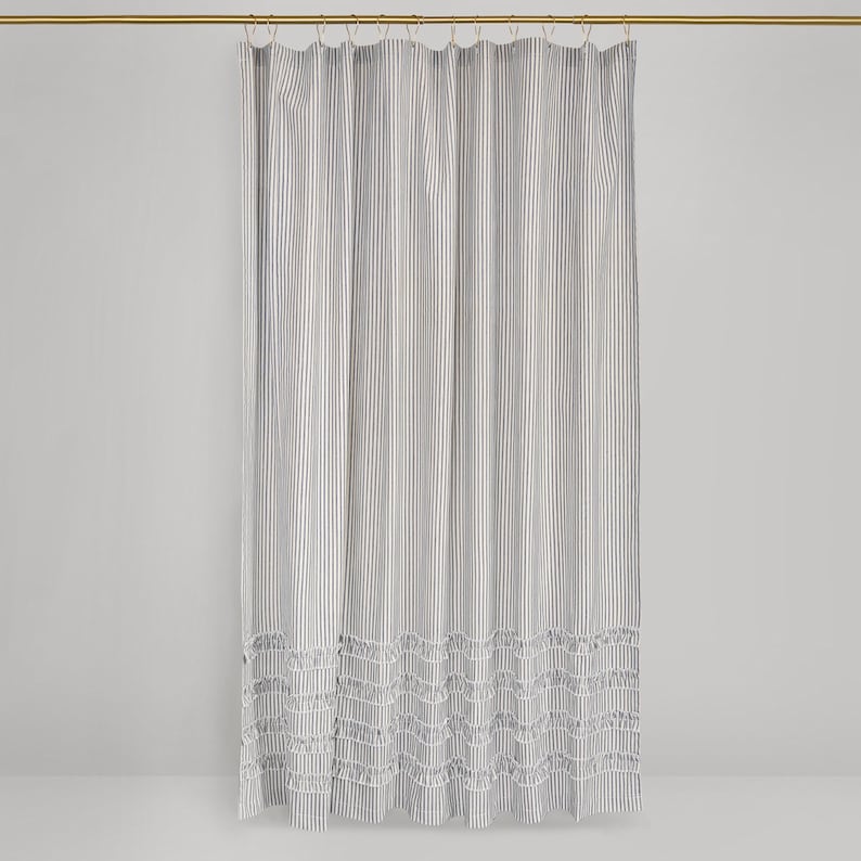 Vintage Ticking Stripe Shower Curtain with Ruffles 3 Sizes Black Gray Navy Brown Red image 5