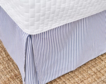Navy Blue Ticking Stripe Bed Skirt: USA Made Box Pleat