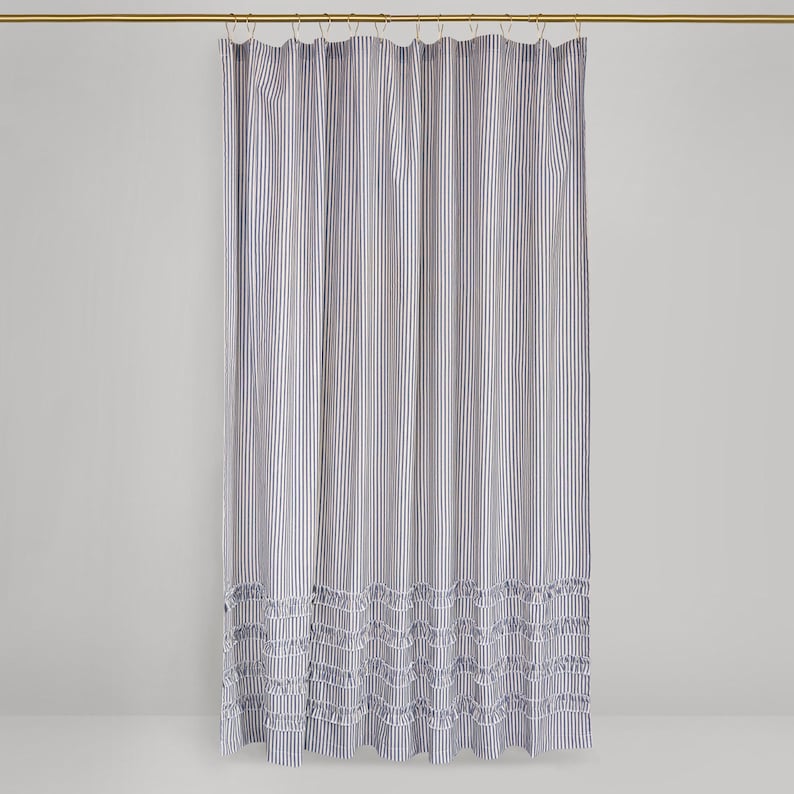 Ruffled Ticking Stripe Shower Curtain 72x72 and extra long 72x84 72 x 96 black, brown, gray, red, navy Blue