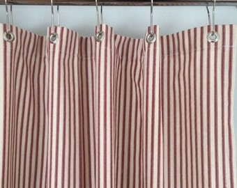 Red Ticking Stripe Shower Curtain 72x72 or extra long 72x84 and 72x96