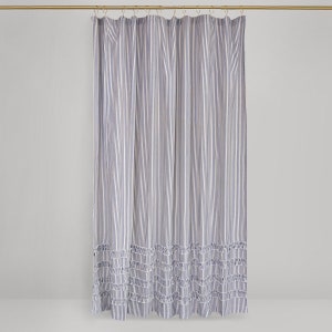 Vintage Ticking Stripe Shower Curtain with Ruffles 3 Sizes Black Gray Navy Brown Red image 3