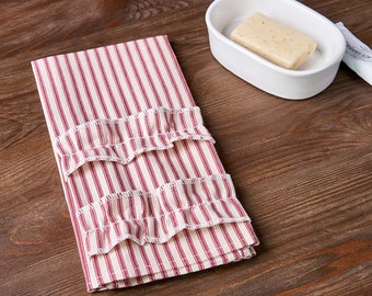 Red Ticking Tea Towel Guest Towel with Ruffle