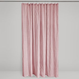 shower curtain in red ticking stripe fabric full length photo