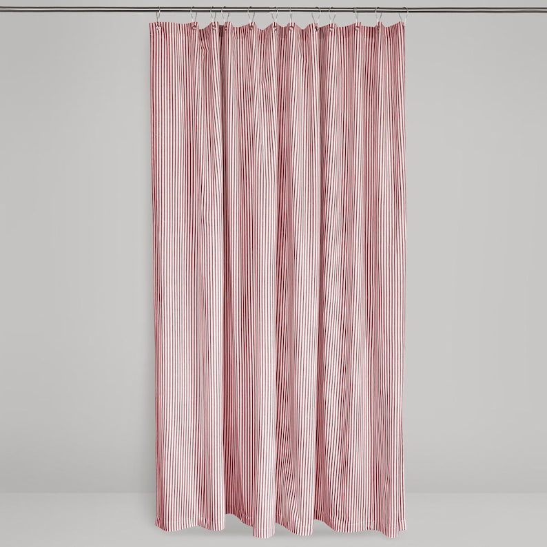 shower curtain in red ticking stripe fabric full length photo