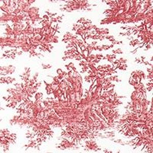 Puede incluir: Una tela blanca con un patr&oacute;n repetitivo de toile de jouy en color rojo. El dise&ntilde;o muestra escenas pastorales detalladas con figuras, &aacute;rboles y animales, incluyendo personas montando un burro e individuos en un paisaje.