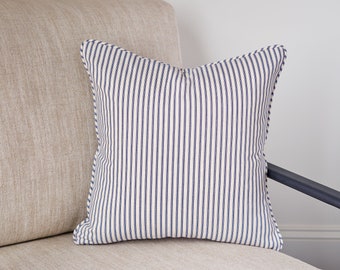 Navy Blue Ticking Stripe Throw Pillow Cover 18x18 20x20 22x22 24x24