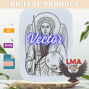 Könnte beinhalten: Digitales Produkt mit einer Schwarz-Weiß-Vektorillustration eines Engels mit Heiligenschein, der einen Stab und eine Kugel hält. Das Wort "Vector" ist in blauem Neon gehalten. Enthält AI-, SVG- und DXF-Dateiformate. Das Logo "LMA Laser Master Art" ist ebenfalls vorhanden.