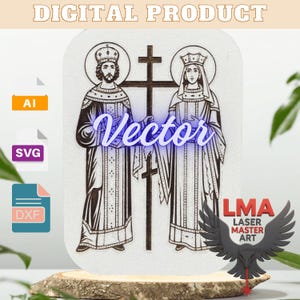 May include: A digital product featuring a laser-cut wooden design of two religious figures with halos, a cross, and the word "Vector". The design includes AI, SVG, and DXF file formats. The LMA Laser Master Art logo is also visible.