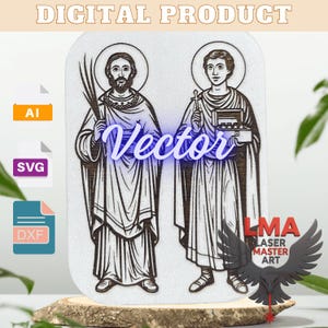 Puede incluir: Producto digital con un diseño de madera cortada con láser de dos figuras religiosas con halos. La palabra "Vector" está en una fuente de neón azul claro. La imagen incluye iconos de archivos AI, SVG y DXF, y el texto "DIGITAL PRODUCT".