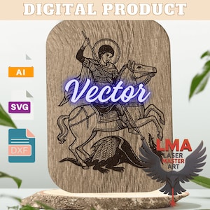 Może przedstawiać: Drewniany produkt cyfrowy z laserowo wyciętym wzorem rycerza na koniu zabijającego smoka. Słowo "Vector" jest w świecącej niebieskiej czcionce. Zawiera ikony plików AI, SVG i DXF. Produkt jest prezentowany na drewnianej podstawie.