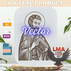 May include: Digital product featuring a detailed vector illustration of a saint holding a book, with a halo. The image is in a woodcut style, with the word "Vector" in a glowing blue font. Includes AI, SVG, and DXF file formats.