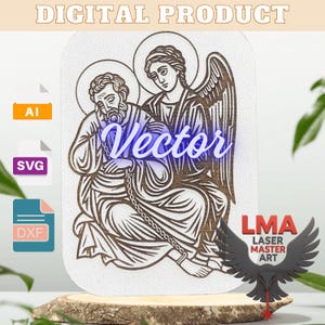 Pode incluir: Produto digital com um design cortado a laser de duas figuras com auréolas, uma com asas, e a palavra "Vector" em azul. Inclui ícones de ficheiros AI, SVG e DXF, e o texto "DIGITAL PRODUCT". O logótipo LMA Laser Master Art também é visível.