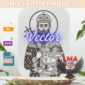 May include: Digital product featuring a detailed vector illustration of a religious figure holding a church. The image includes the word "Vector" in a glowing blue font, along with file type icons. The LMA Laser Master Art logo is also present.