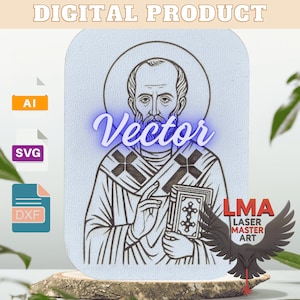 Puede incluir: Ilustración vectorial digital en blanco y negro de una figura religiosa con halo, sosteniendo un libro. La palabra "Vector" está en neón azul. Incluye iconos de archivos AI, SVG y DXF. El texto "DIGITAL PRODUCT" está en la parte superior.