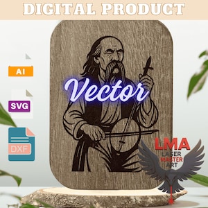 Puede incluir: Placa de madera con una ilustración vectorial de un hombre tocando un instrumento de cuerda. La palabra "Vector" está escrita en una fuente azul brillante. La placa está etiquetada como "Producto digital" e incluye iconos de tipo de archivo.