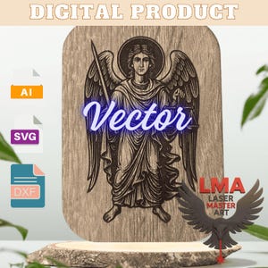 Pode incluir: Produto digital com uma ilustração detalhada de um anjo em grão de madeira com a palavra "Vector" em néon azul. O anjo segura uma espada e uma balança. Inclui ícones de arquivos AI, SVG e DXF. O texto "DIGITAL PRODUCT" está no topo.