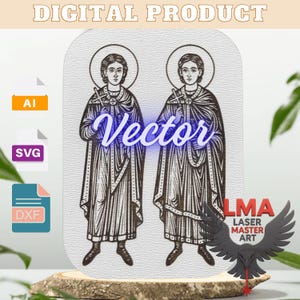 Puede incluir: Producto digital que presenta dos figuras con halos, sosteniendo cruces y vistiendo túnicas. La palabra "Vector" está escrita en azul, con un efecto brillante. La imagen incluye iconos de archivos AI, SVG y DXF, y el texto "DIGITAL PRODUCT".