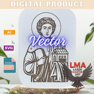 Puede incluir: Producto digital con una ilustración detallada de una figura religiosa sosteniendo un edificio. La imagen tiene la palabra "Vector" en una fuente azul brillante. La imagen también incluye el texto "DIGITAL PRODUCT" y el logotipo "LMA LASER MASTER ART".