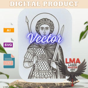Puede incluir: Producto digital con una ilustración en blanco y negro de un santo con lanza y espada, con halo. La palabra "Vector" está en neón azul. Incluye formatos de archivo AI, SVG y DXF.
