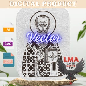 Op de afbeelding: Een digitaal vectorproduct met een illustratie van een religieuze figuur met een halo, die een boek vasthoudt. De afbeelding is in zwart-wit, met het woord "Vector" in blauw neon. Bevat AI-, SVG- en DXF-bestandsformaten.