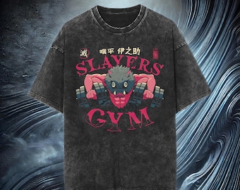 Slayer's Gym Vintage Washed Graphic T-Shirt | Hardcore Anime-Inspired Workout Tee for Fans of Power and Strength, Anime Emo Clothing
