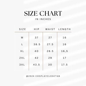 May include: Size chart for clothing in inches. The chart shows sizes M, L, XL, 2XL, and 3XL with corresponding hip, waist, and length measurements.