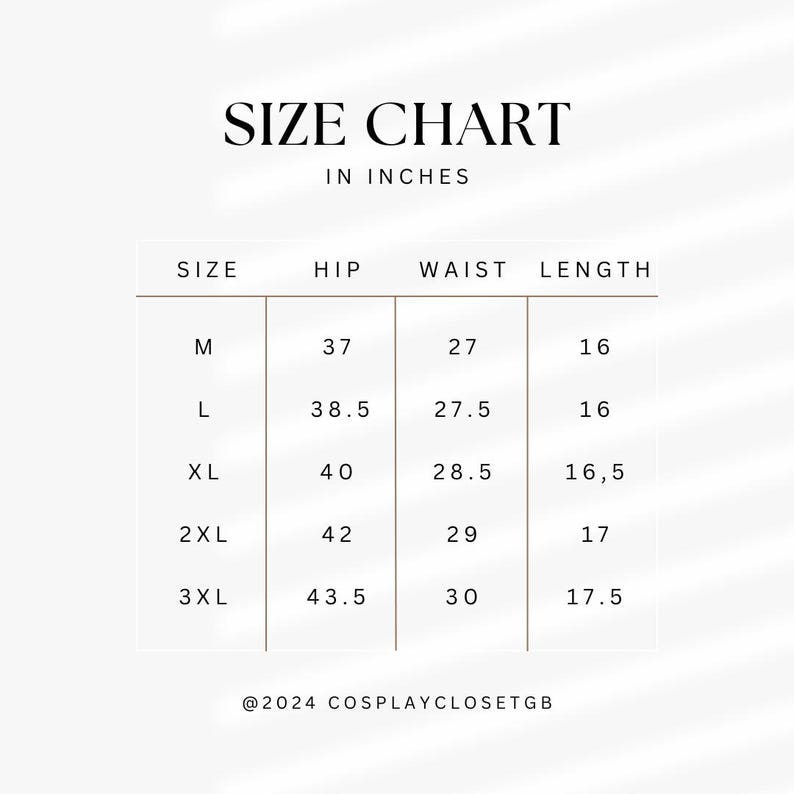May include: Size chart for clothing in inches. The chart shows sizes M, L, XL, 2XL, and 3XL with corresponding hip, waist, and length measurements.