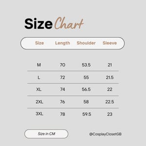 May include: Size chart for clothing in centimeters. The chart shows sizes M, L, XL, 2XL, and 3XL with corresponding measurements for length, shoulder, and sleeve.