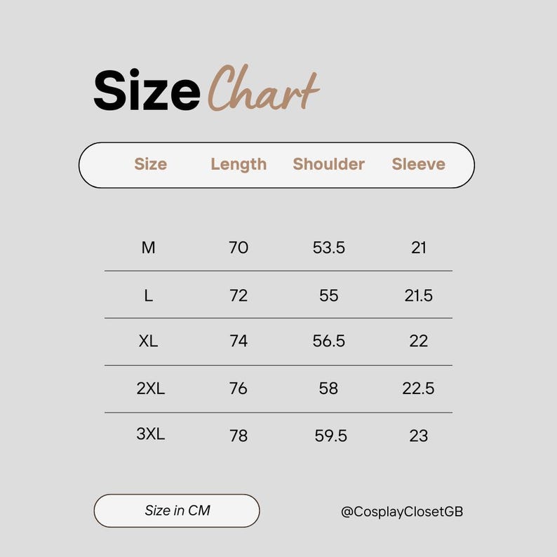 May include: Size chart for clothing in centimeters. The chart shows sizes M, L, XL, 2XL, and 3XL with corresponding measurements for length, shoulder, and sleeve.