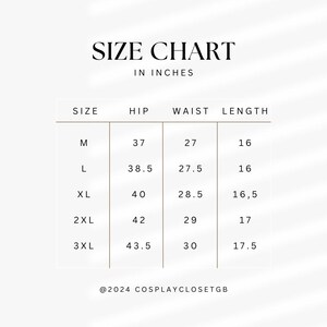 May include: Size chart for clothing in inches. The chart shows sizes M, L, XL, 2XL, and 3XL with corresponding hip, waist, and length measurements.