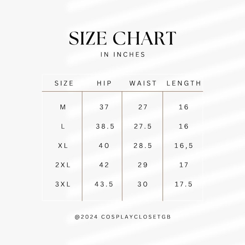 May include: Size chart for clothing in inches. The chart shows sizes M, L, XL, 2XL, and 3XL with corresponding hip, waist, and length measurements.
