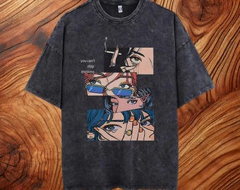 May include: Black t-shirt with a distressed look featuring a graphic print of four women's faces with the text "you can't stop thinking" printed above the faces.