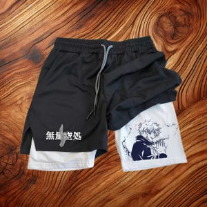Anime Graphic 2 in 1 Compression Shorts for Men – Quick-Dry Athletic Gym Shorts with Pockets – Stylish Workout Gear