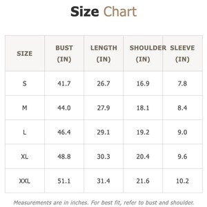 May include: A size chart with measurements in inches for bust, length, shoulder, and sleeve. Sizes range from S to XXL. The chart includes measurements like a bust of 41.7 inches for size S and 51.1 inches for size XXL.