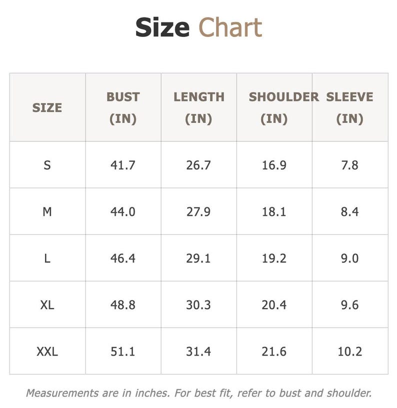 May include: A size chart with measurements in inches for bust, length, shoulder, and sleeve. Sizes range from S to XXL. The chart includes measurements like a bust of 41.7 inches for size S and 51.1 inches for size XXL.