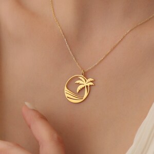 Gold Palm Tree Necklace, Gold Palm Tree Pendant Necklace, Tropical Beach Palm Tree Summer Necklace