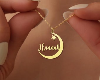 Moon Star Necklace, Personalized Moon Necklace, Custom Name Moon Necklace, Moon Choker Necklace, Wiccan jewelry, Pagan necklace